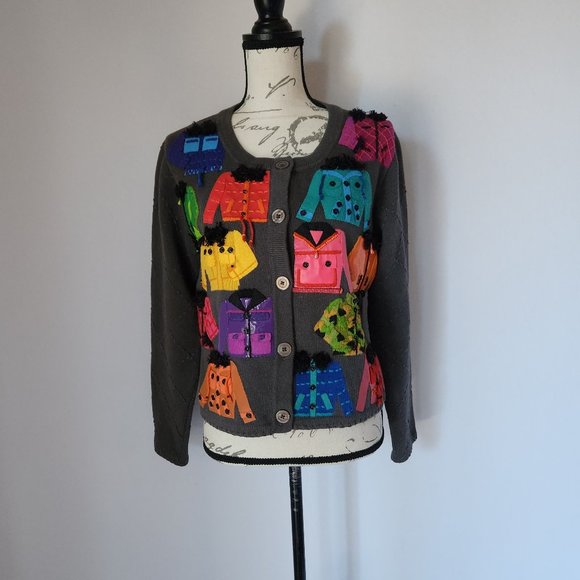 Michael Simon Bead Felt Vinyl Embellished Cardigan Button Cotton Blend Grey - Picture 2 of 9